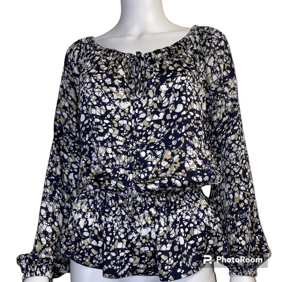 Michael Kors Navy Tan White Peplum Top Blouse Size S/P - Picture 1 of 9